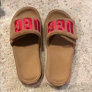 UGG Tan Slide Sandals with Red Logo Accent